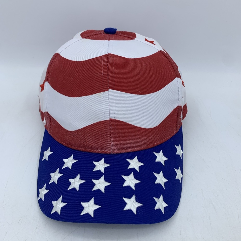 Vtg All Over Flag USA Hat 90's Patriotic Stars Stripes Leather Strap Patina